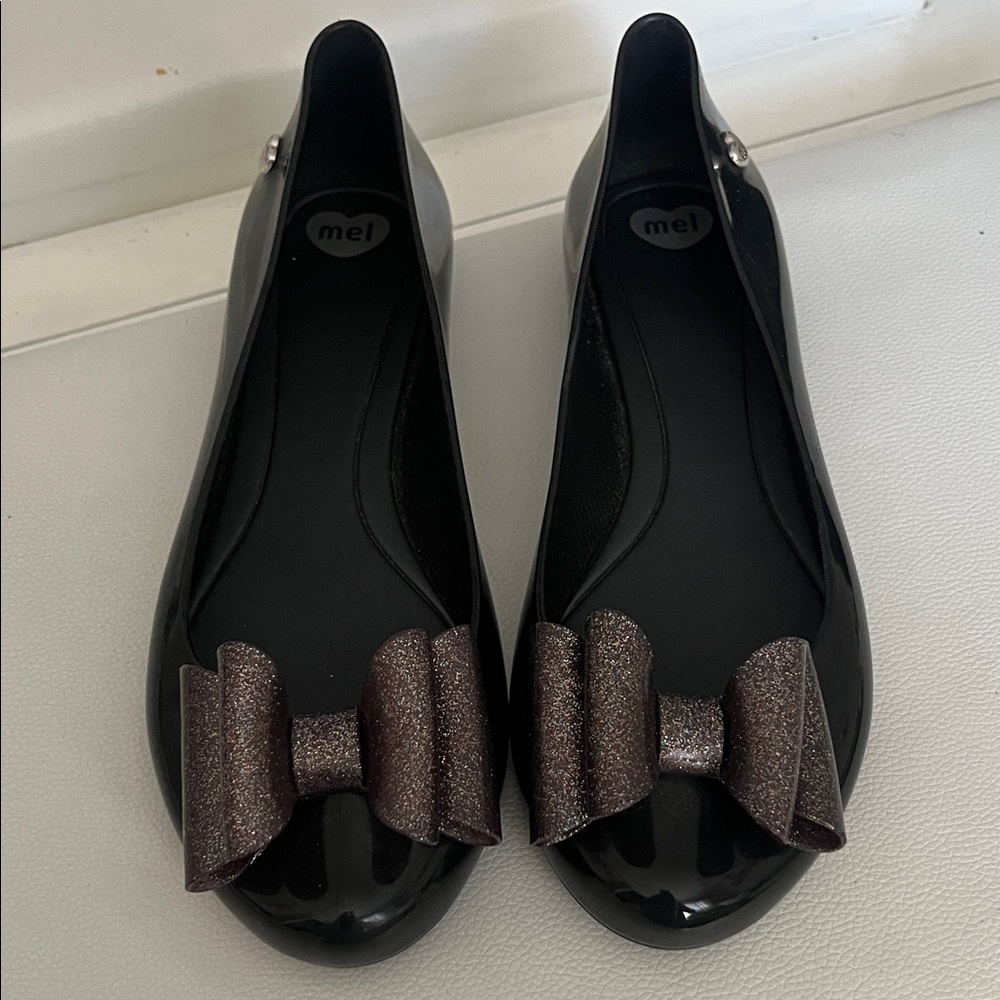 Melissa Black Jelly Flats with Sparkle Brown Bow size 8